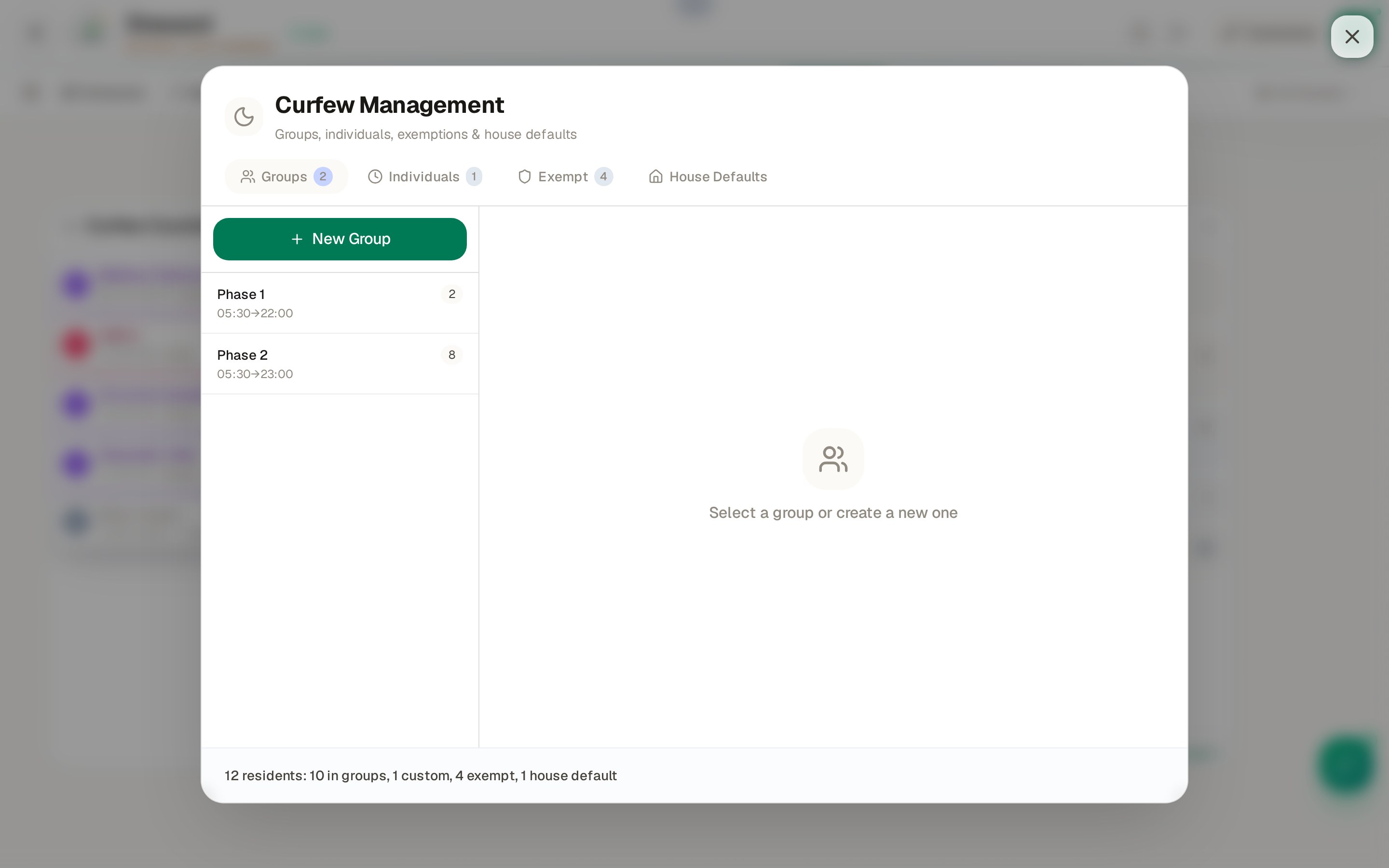 Curfew Management modal showing Phase 1 (05:30 → 22:00, 2 residents) and Phase 2 (05:30 → 23:00, 8 residents) groups plus tabs for Individuals, Exempt residents, and House Defaults.