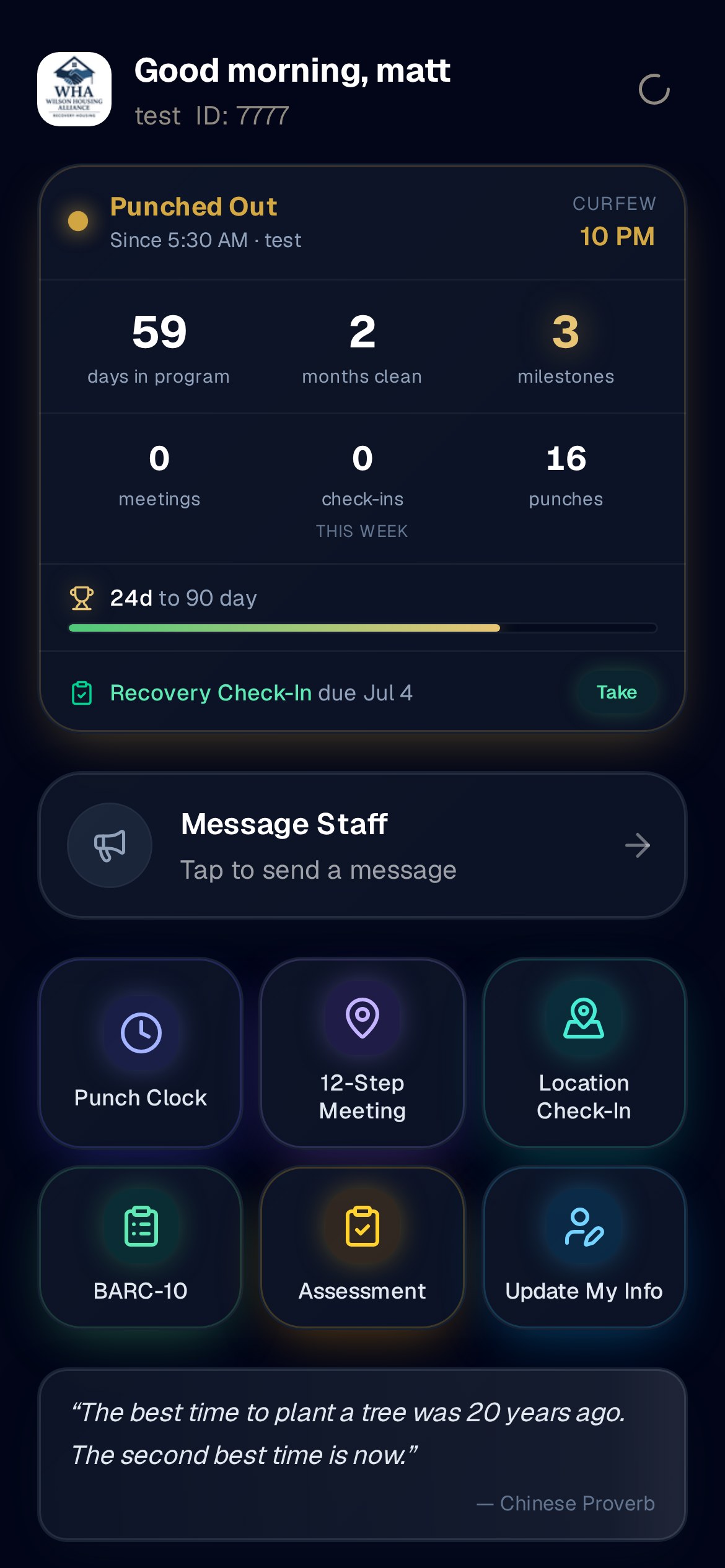 The Steward resident PWA on a phone showing days in program, months clean, milestones, recovery progress bar, and tiles for punch clock, meetings, and BARC 10.